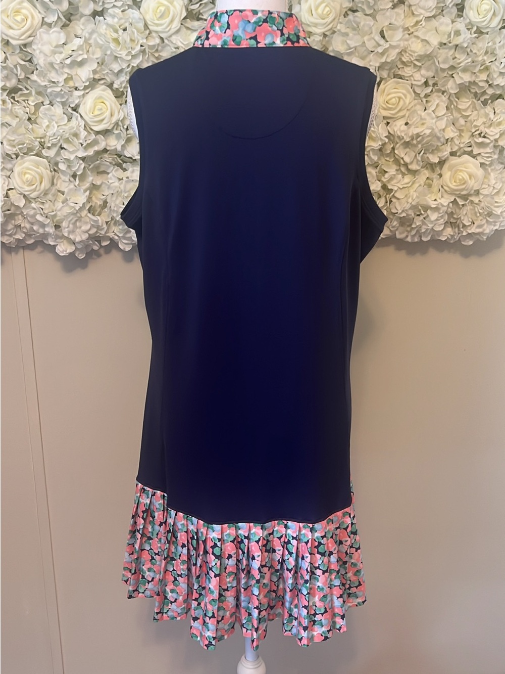 Pebble Beach Navy Sleeveless Dress with Coral & Teal Floral Trim - Picture 3 of 9